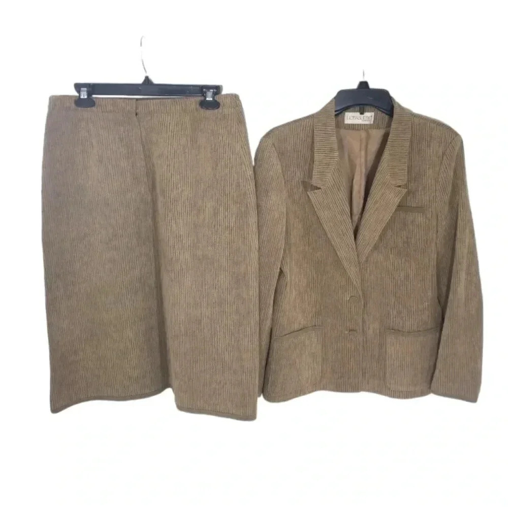 {Ultra Suede} 90s Vintage Striped Suede Suit (Jacket & Skirt)